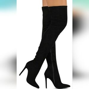 Gisele-7 Thigh High Stretchy Suede Material Pointy Toe Stiletto Heel Boots